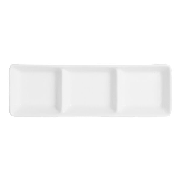 A bright white rectangular tray with three sections.