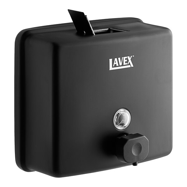 A Lavex Matte Black manual liquid soap dispenser mounted on a wall with a lever.
