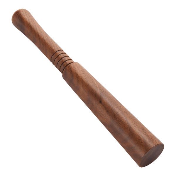 An American Metalcraft 10" walnut wood muddler with a long handle.
