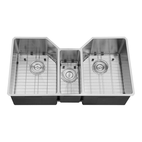 A close-up of a Ruvati stainless steel triple bowl sink.