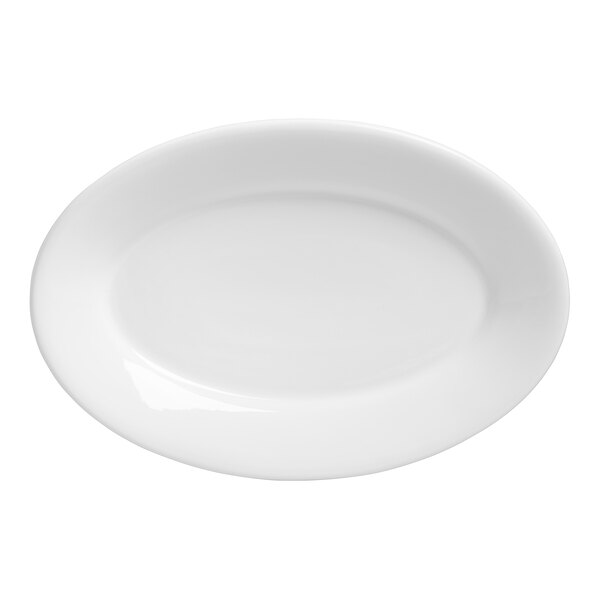 A Varick Classic Cafe white oval platter with a white rim.