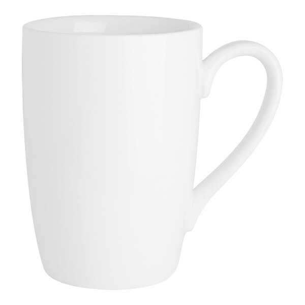 A close up of a Varick Bistro bright white mug with a handle.