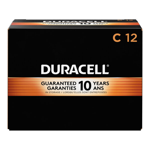 A black box of 12 Duracell C batteries with white text and orange accents.