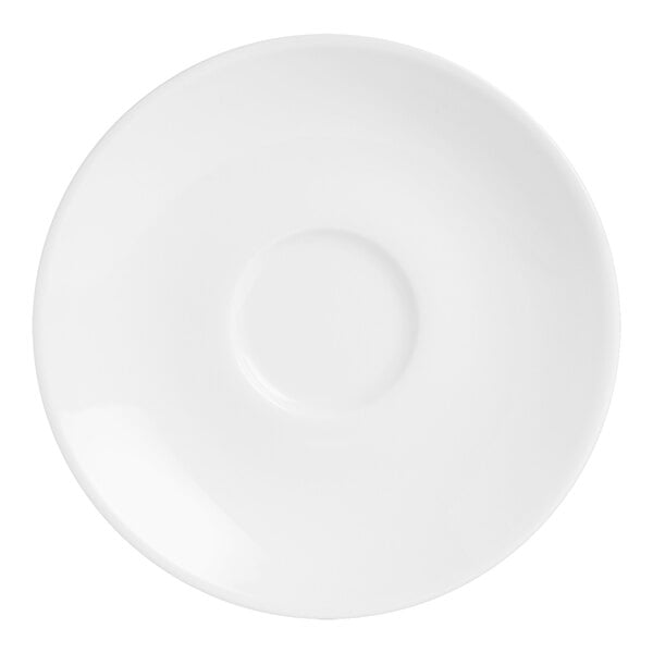 A Varick Classic Cafe saucer from Steelite International with a circle in the center on a white background.