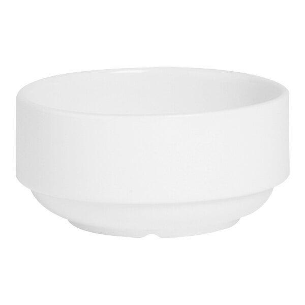 A Varick Classic Cafe bright white soup bowl with a handle.