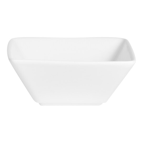 A close-up of a Varick Pub bright white square bowl.