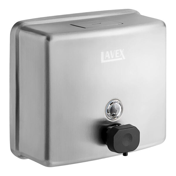 A stainless steel Lavex manual liquid soap dispenser with a black button.