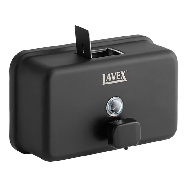 A black rectangular Lavex manual liquid soap dispenser with a button.