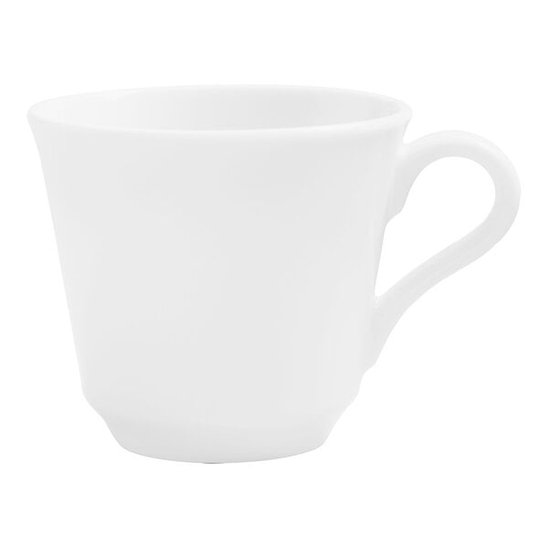 A close-up of a Varick Bistro bright white coffee cup with a handle.