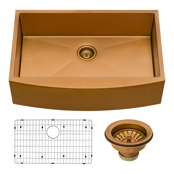A close-up of a Ruvati Matte Copper Tone stainless steel apron-front sink with a grid and drain.