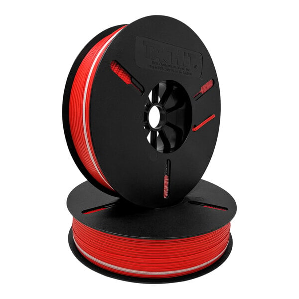 A red spool of Tach-It paper/plastic twist tie ribbon with black accents.