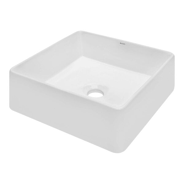 A white square Ruvati Vista bathroom sink with a hole in it.