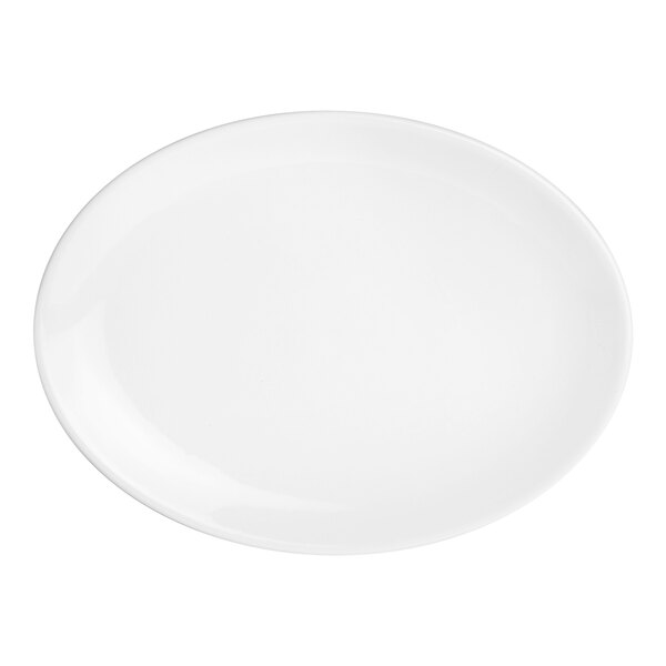 A Varick Bistro bright white porcelain oval coupe plate with a white rim.