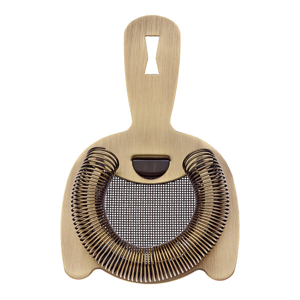 A Barfly antique gold spring bar strainer with a fine mesh wire.
