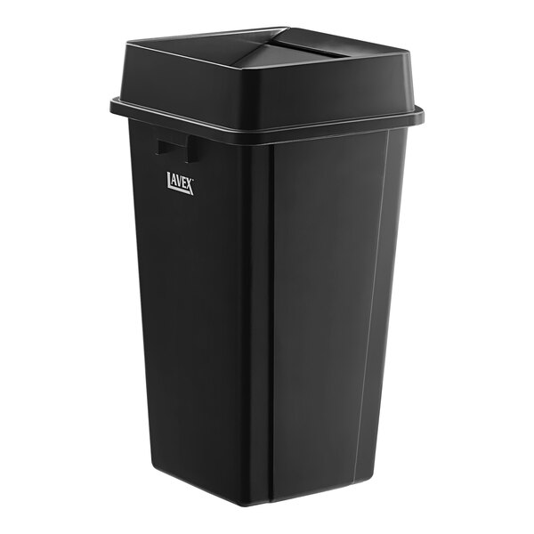 A Lavex black square trash can with a lid.