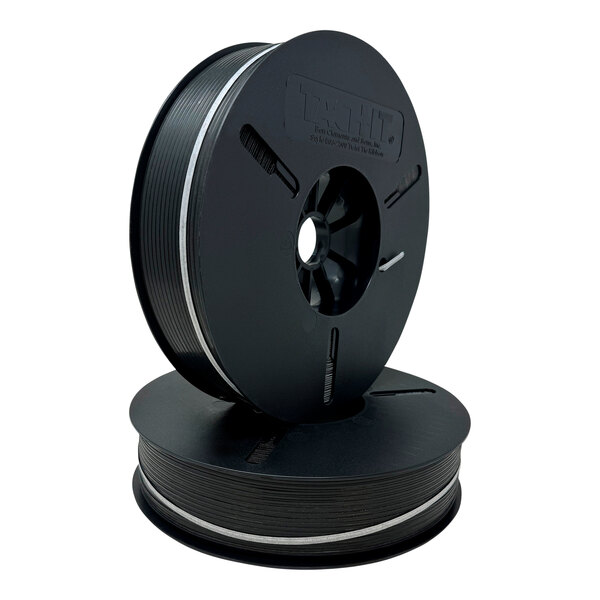 A black spool of Tach-It 5/32" x 2,500' black standard paper/plastic twist tie ribbon.