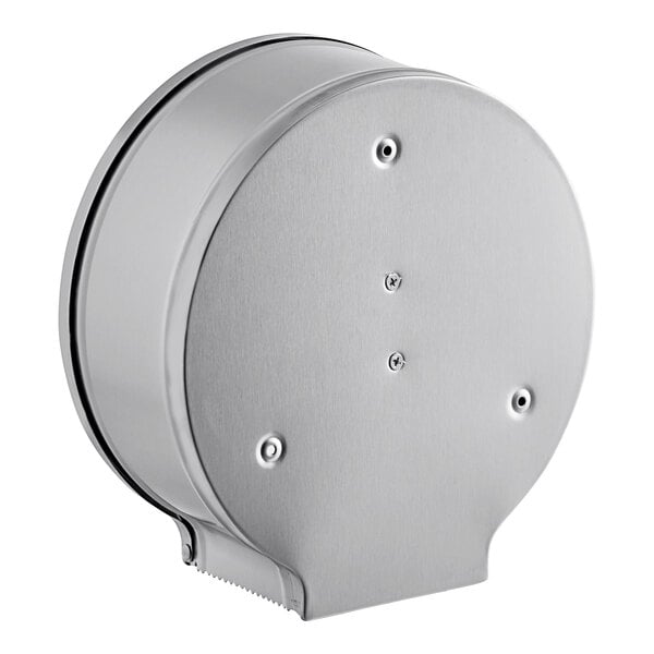 A Lavex stainless steel surface mounted toilet paper dispenser with a roll of toilet paper inside.