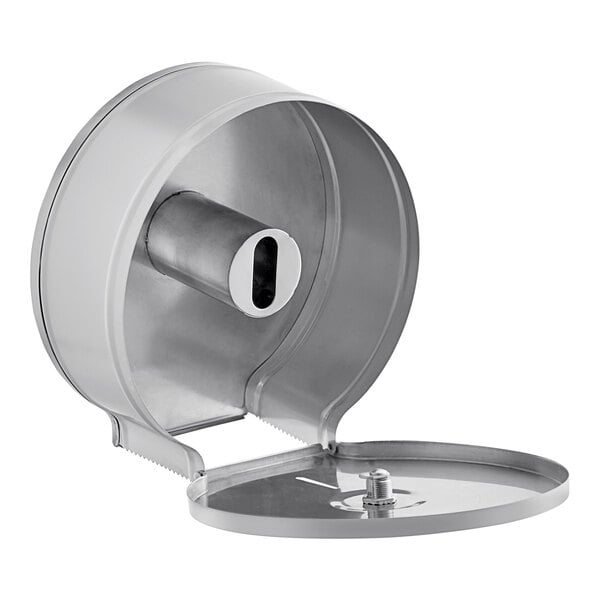A silver metal Lavex surface mounted toilet paper dispenser with a keyhole lid.