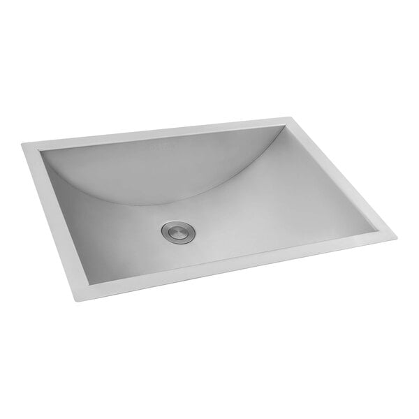 A silver rectangular stainless steel Ruvati undermount bathroom sink with a drain.