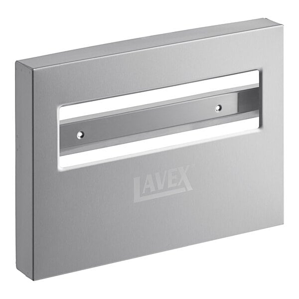 A rectangular stainless steel Lavex toilet seat cover dispenser with a hole in the middle.