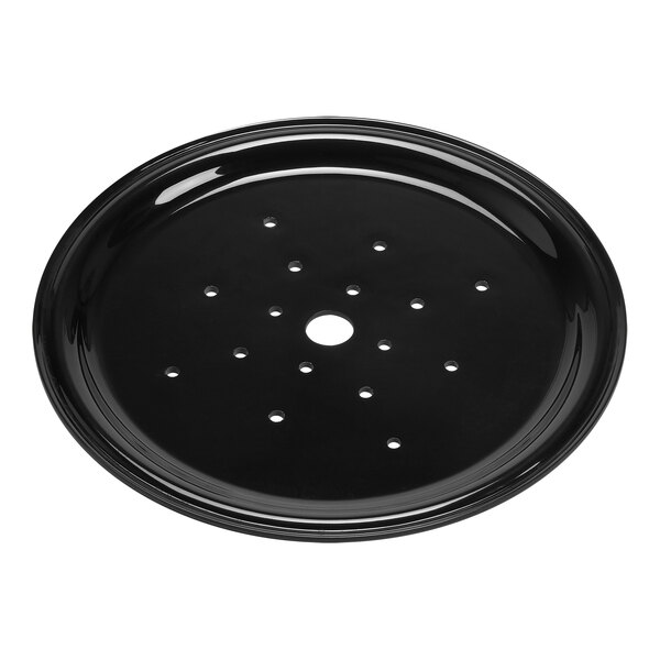 A black circular American Metalcraft seafood drip tray with holes in it.