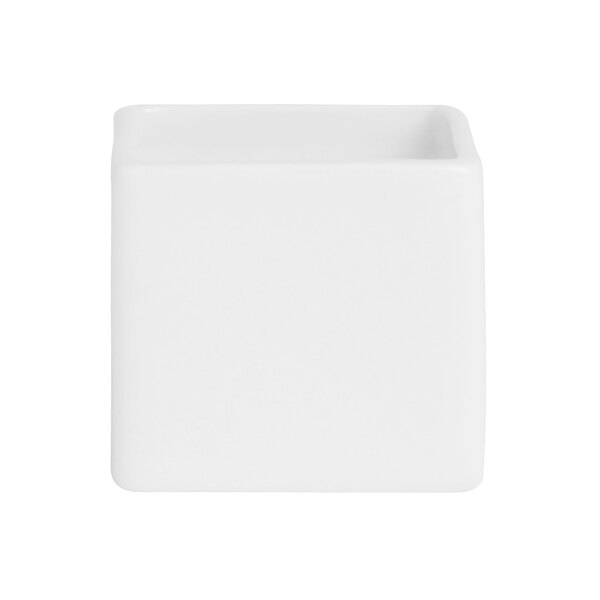 A white square ramekin with a white background.