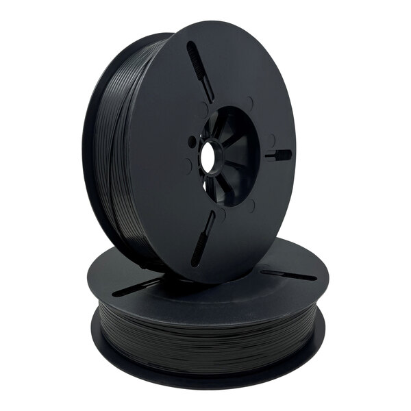 A black spool of Tach-It black plastic twist tie ribbon.