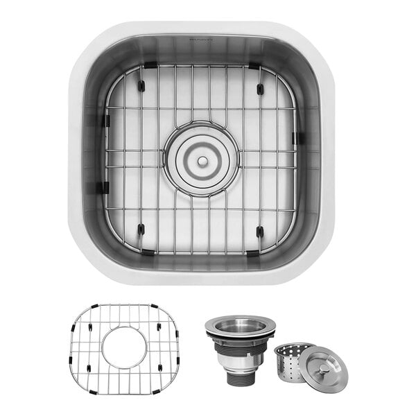 A close-up of a Ruvati stainless steel sink drain.