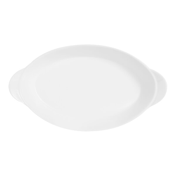 A bright white oval plate with handles.