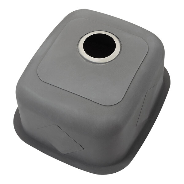 A white square stainless steel sink with a hole in the center.