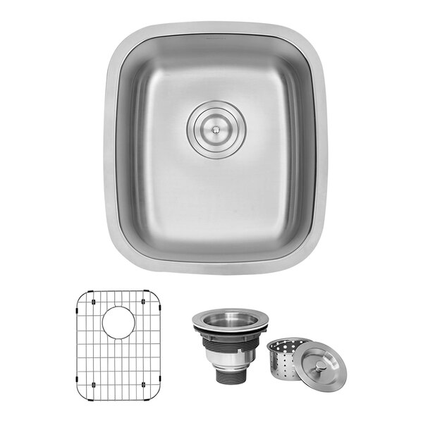 A close-up of a Ruvati stainless steel sink with a drain.