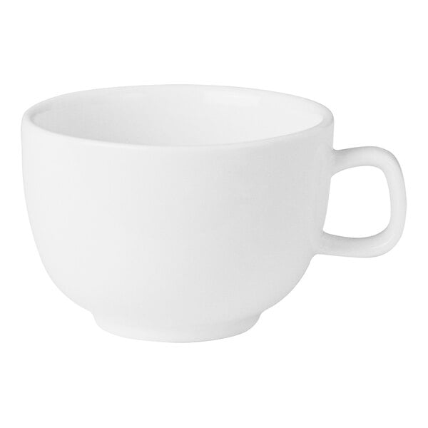 A close up of a bright white Varick Espresso Cup with a handle.