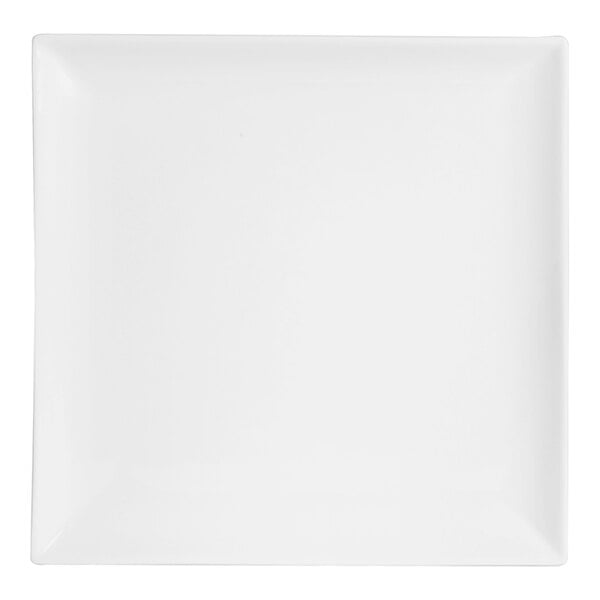 A close-up of a Varick Pub bright white square plate with a plain edge.