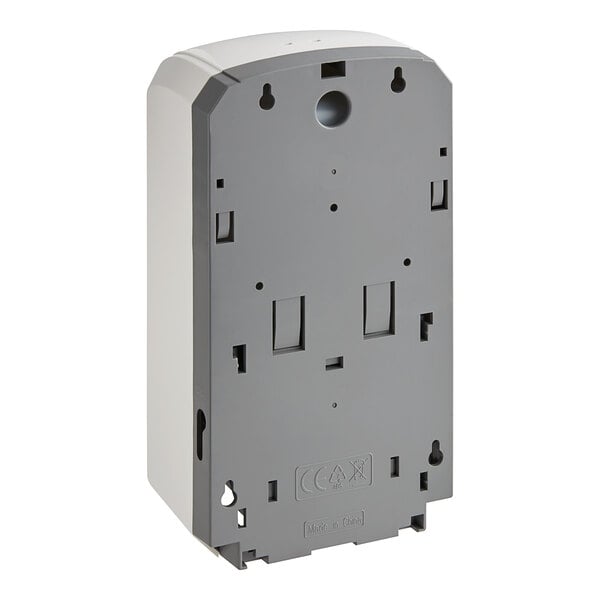 A white and grey rectangular plastic manual soap and sanitizer dispenser with holes.