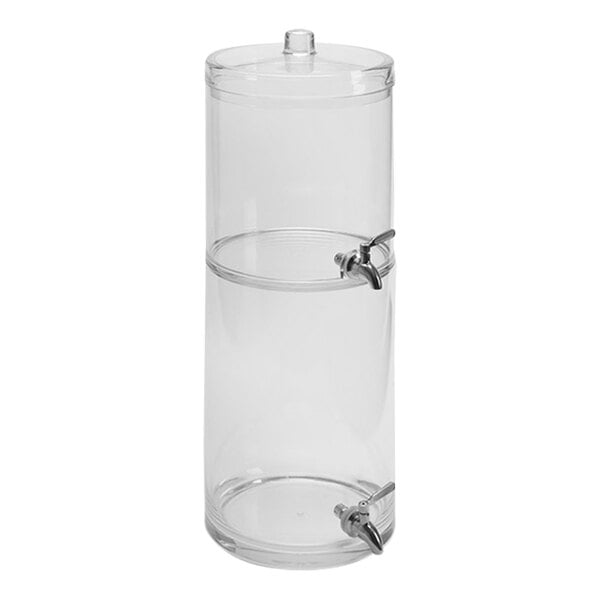 An American Metalcraft clear polycarbonate juice dispenser with two stacked containers and spigots.