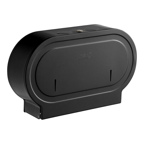A black stainless steel Lavex jumbo double-roll toilet paper dispenser with a hole in the lid.