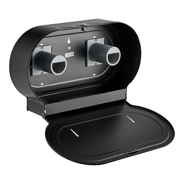 A black metal Lavex double-roll toilet tissue dispenser with two pipes.