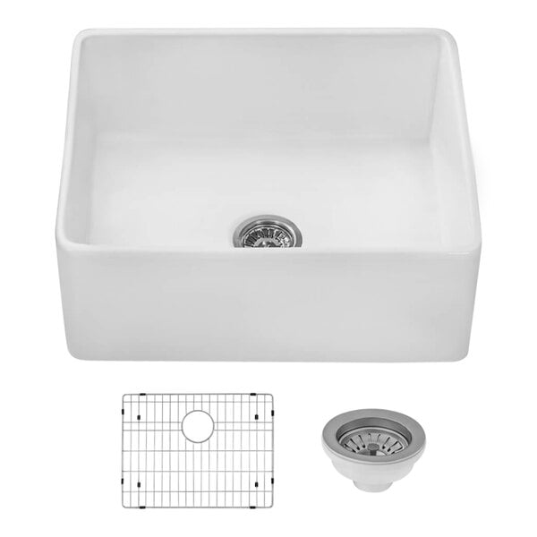 A white Ruvati Fiamma farmhouse sink with a drain.