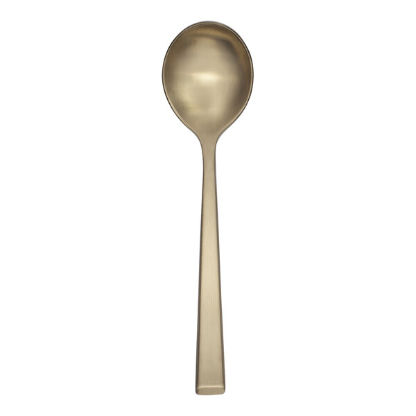 A Reserve by Libbey Santorini gold bouillon spoon with a white background.