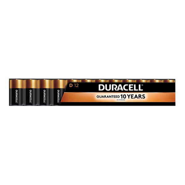 A close-up of a black and orange rectangular box of Duracell D batteries.