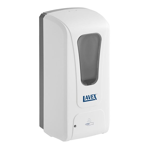 A white Lavex automatic liquid soap/sanitizer dispenser with a clear window.
