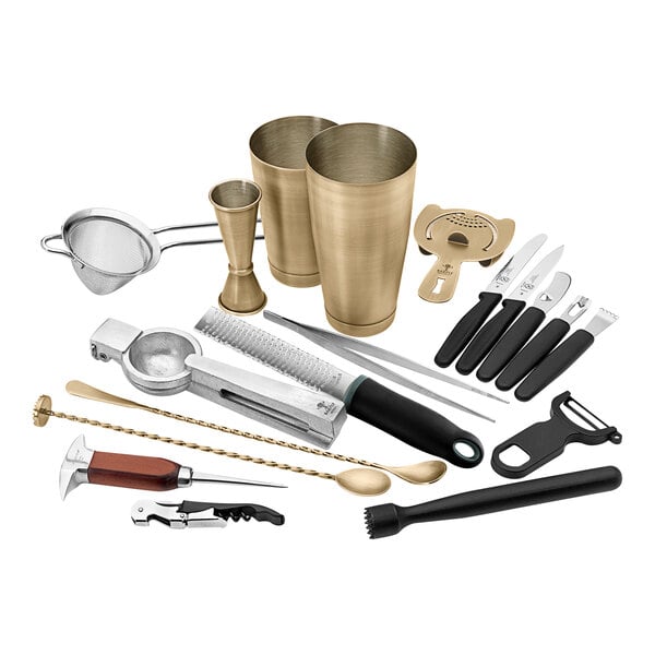 A Barfly Deluxe 19-piece Antique Gold Cocktail Kit on a white background.