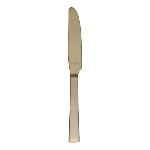 A stainless steel bread and butter knife with a gold handle.