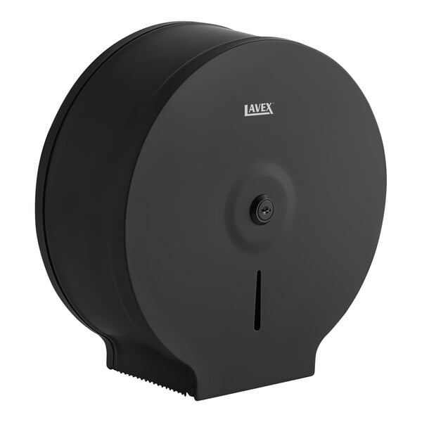 A close up of a black Lavex surface-mounted toilet paper dispenser with a handle.