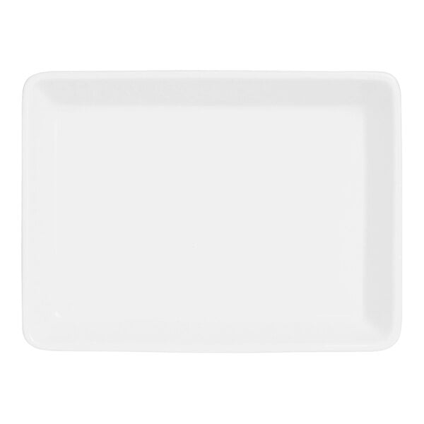 A bright white rectangular tray with a small handle.