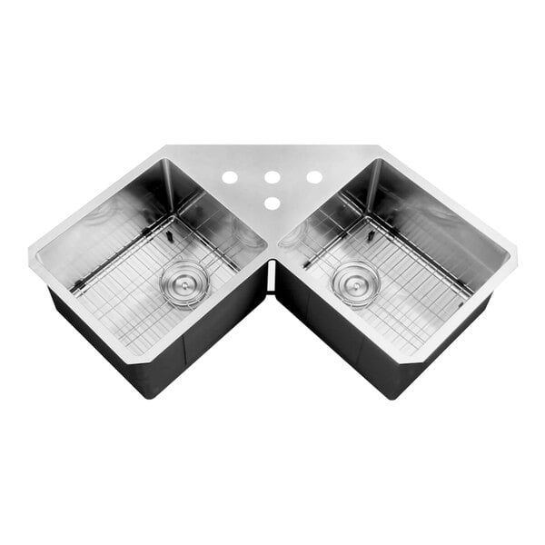 A Ruvati stainless steel undermount double-bowl sink with butterfly corners.