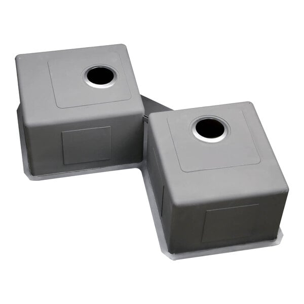 A pair of rectangular stainless steel undermount sink bowls.