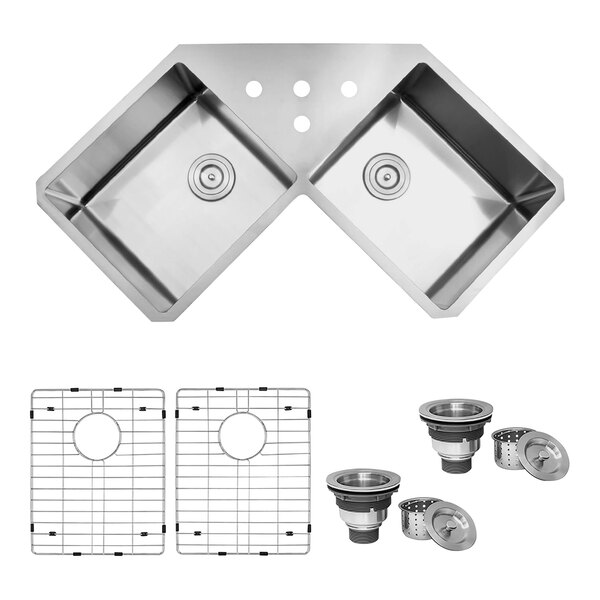 A close-up of a Ruvati stainless steel double-bowl sink with a metal drain.