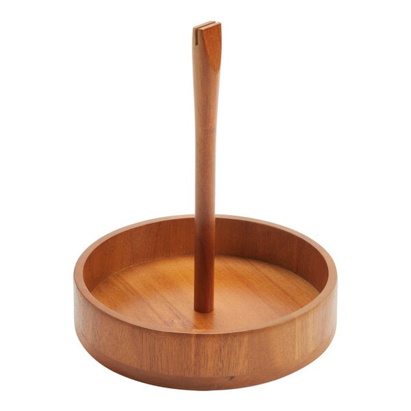 An American Metalcraft Acacia wood condiment caddy with a card holder on top of a wooden tray.