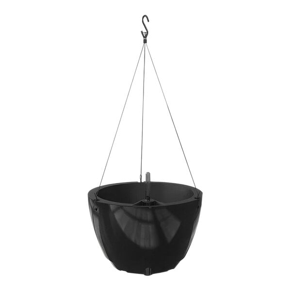 A black round Mayne Caprio hanging planter with a long metal hook.